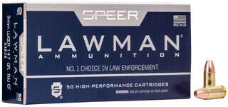 Spear Lawman Clean Fire 147gr Total Metal Jacket 9mm Ammunition features 50 cartridges